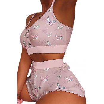 Pijama sexy dama - set 2 piese - top tip bustiera si pantaloni scurti - model cu imprimeu grafic - EFAYN