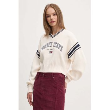 Tommy Jeans pulover de bumbac culoarea bej, călduros, DW0DW18692