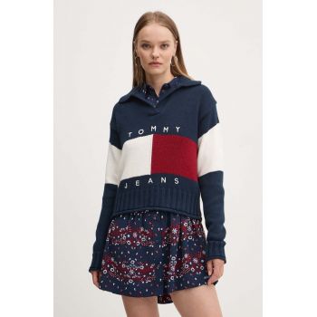 Tommy Jeans pulover din amestec de lana femei, culoarea albastru marin, călduros, DW0DW18677