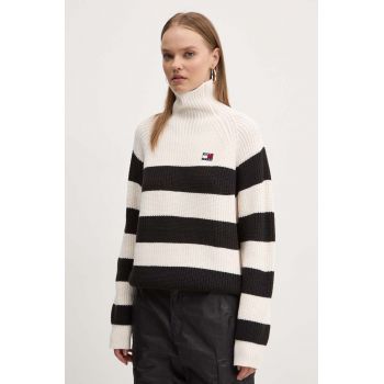 Tommy Jeans pulover din amestec de lana femei, culoarea bej, călduros, cu guler, DW0DW19914