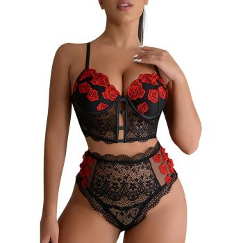 Lenjerie sexy dama - set 2 piese - top tip corset si chiloti cu talie inalta - model flori romantice - EFAYN