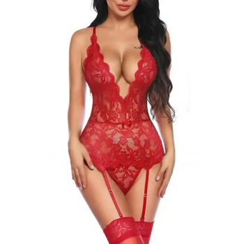 Lenjerie sexy dama - set 3 piese - top senzual cu portjartiere - chilot decupaj normal croi ingust si ciorapi - model delicat incitant - tematica hot night - EFAYN