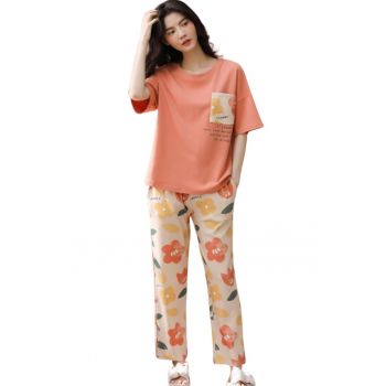 Pijama dama - set 2 piese - bluza maneca lunga cu buzunar la piept si pantaloni lungi - model cu flori - tematica I love flowers - EFAYN