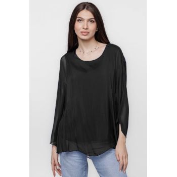 Bluza din matase naturala cu maneca evazata si dublura, neagra