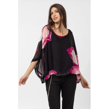 Bluza neagra cu floare fucsia, din matase naturala, cu maneca fluture