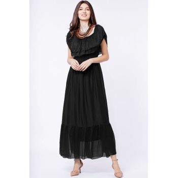 Rochie lunga, neagra, din matase naturala, cu volan pe umeri