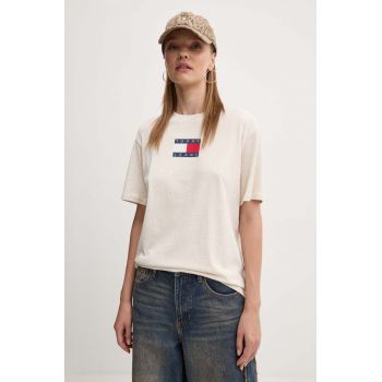 Tommy Jeans tricou din bumbac femei, culoarea bej, DW0DW18796