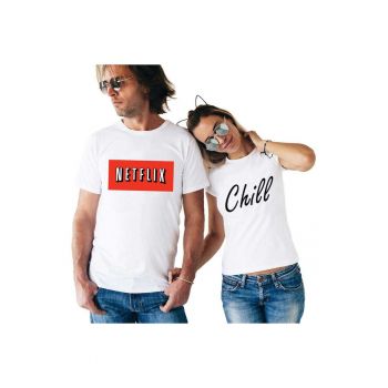 Set doua tricouri albe pentru cupluri - Netflix & Chill