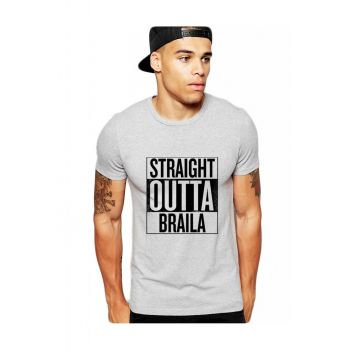 Tricou barbati gri cu text negru - Straight Outta Braila