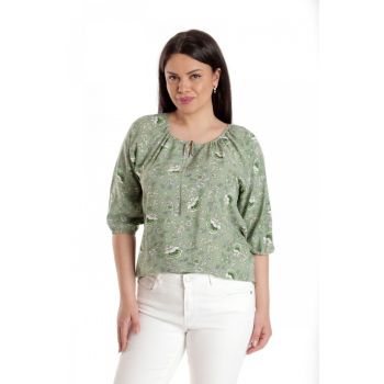 888142602-Bluza Dama - IE - Verde cu imprimeu floral si maneca 3 sferturi