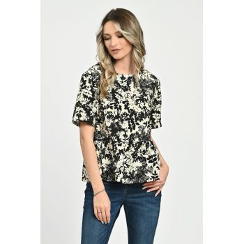 888142604-Bluza Dama - Peplum - din Viscoza - Crem cu Negru si model Floral