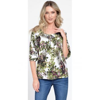 888143224-Bluza IE Dama cu Maneca 3 sferturi - model Floral - alb cu verde