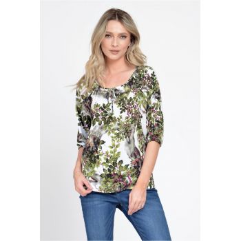 888143224-Bluza IE Dama cu Maneca 3 sferturi - model Floral - alb cu verde la reducere