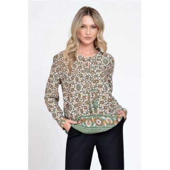 888143231-Bluza Dama cu Maneca lunga si Funda - Verde cu Imprimeu Combinat