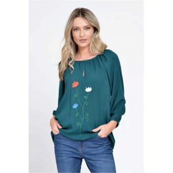 888143233-Bluza Dama cu Maneca 3 sferturi - Ampla - Verde cu pictura realizata manual