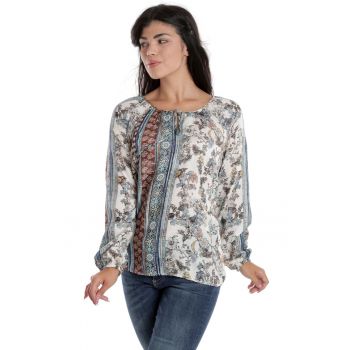 888144253-Bluza Dama - cu Maneca lunga tip IE - Alba cu Imprimeu Albastru-Maro Combinat la reducere