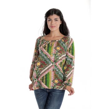 888144254-Bluza Dama - cu Maneca lunga tip IE - Verde cu Imprimeu Multicolor la reducere