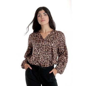 888144258-Bluza Dama cu Decolteu in V - Satin Leopard - Maro la reducere