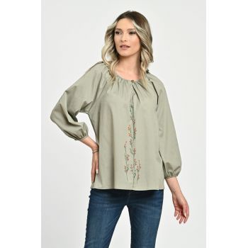 888144277-Bluza Dama cu Maneca 3 sferturi - verde cu pictura manuala