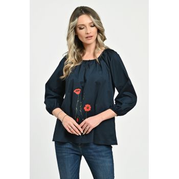 888144278-Bluza Dama cu Maneca 3 sferturi - bleumarin cu pictura manuala