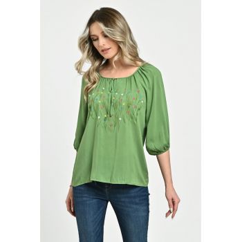 888144279-Bluza Dama tip IE - verde cu pictura manuala