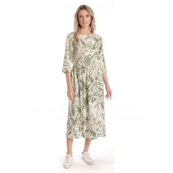 888144384-Rochie Lunga Dama V271 - crem cu imprimeu floral verde