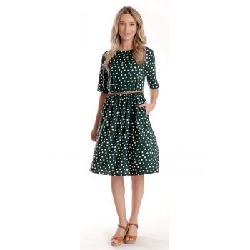 888144386-Rochie Medie Dama V273 - Verde inchis cu buline albe la reducere