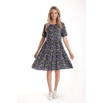 888144390-Rochie cu Volane Dama V277 - Bleumarin Imprimeu Floral Lila la reducere