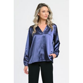 Bluza de dama cu fundita lata - satin indigo