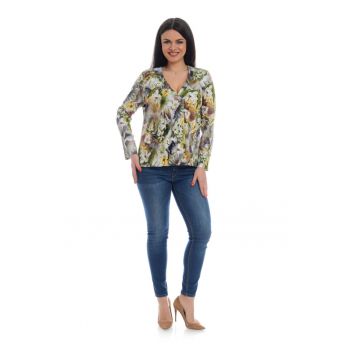 Bluza de dama - multicolora - cu imprimeu floral si decolteu in V