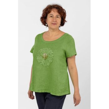 Bluza din in verde oliv, cu floare si paiete fine pe piept