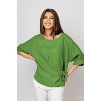 Bluza din in verde olive, masura mare cu nod pe talie