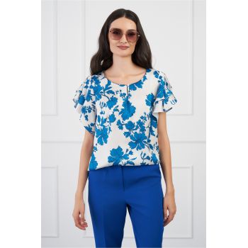 Bluza DY Fashion alba imprimeu floral albastru si volane pe maneci