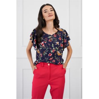 Bluza DY Fashion bleumarin imprimeu floral rosu si volane pe maneci