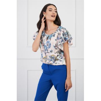 Bluza DY Fashion roz imprimeu floral bleu si volane pe maneci