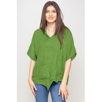 Bluza verde oliv asimetrica din in, cu gluga