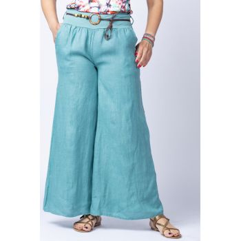 Fusta pantalon turcoaz aqua casual, din in, cu o curea fancy