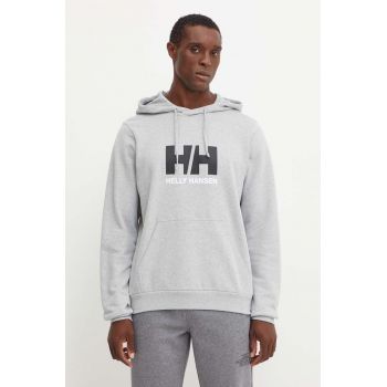 Helly Hansen hanorac de bumbac HH LOGO barbati, culoarea gri, cu glugă, cu imprimeu, 30394