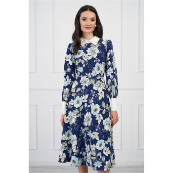 Rochie DY Fashion bleumarin cu imprimeuri florale si guler alb