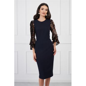 Rochie DY Fashion bleumarin cu insertii bej din catifea pe maneci