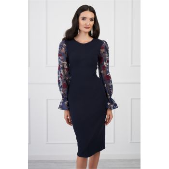 Rochie DY Fashion bleumarin cu trandafiri bordo pe maneci