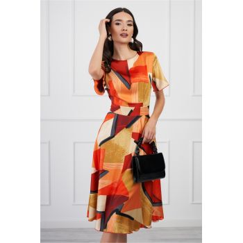 Rochie DY Fashion midi orange cu imprimeuri galbene