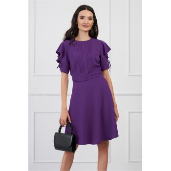 Rochie DY Fashion mov cu pliuri pe bust si volane pe maneci