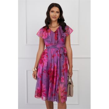 Rochie DY Fashion mov din voal cu imprimeu fucsia si cordon in talie