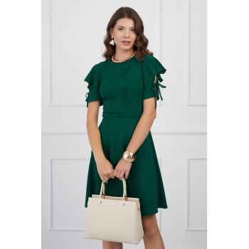 Rochie DY Fashion verde cu pliuri pe bust si volane pe maneci