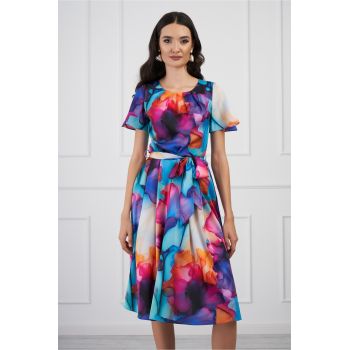 Rochie Miruna cu imprimeu multicolor watercolor si cordon in talie