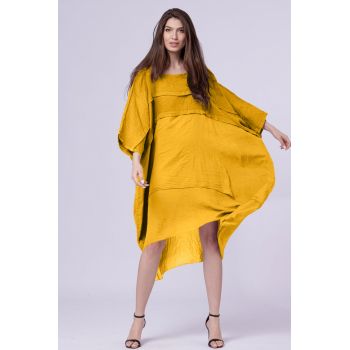 Rochie oversize, galben mustar, din in si batist de bumbac