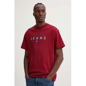 Tommy Jeans tricou din bumbac barbati, culoarea bordo, cu imprimeu, DM0DM19683