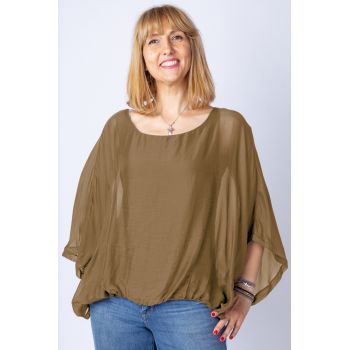 Bluza camel din matase naturala cu maneca fluture