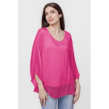 Bluza din matase naturala cu maneca evazata si dublura, fucsia